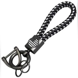 American US Flag Car Keychain, Fob Key Chain Leather Braided Bracelet
